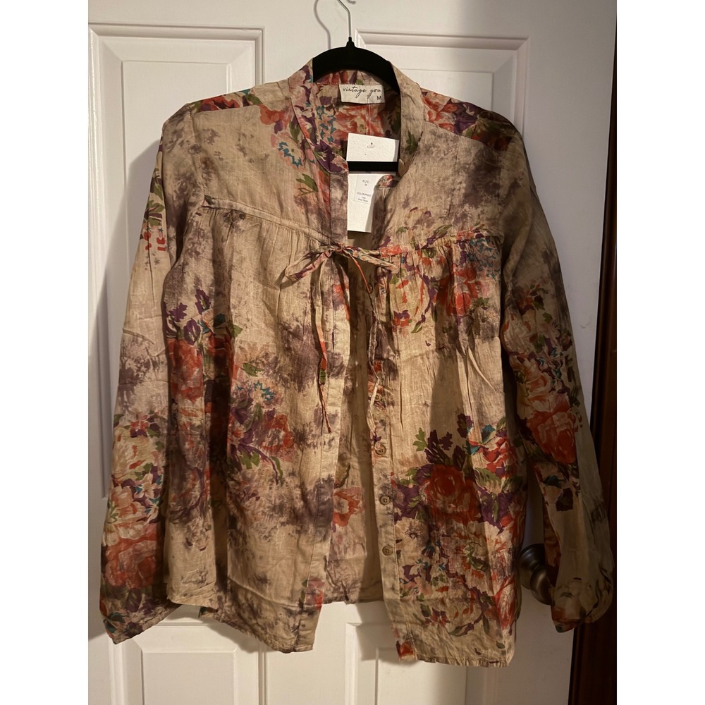 NWT Vintage Goa Floral Cotton Blouse Dauk Taupe Boho Button Front Tie Top M